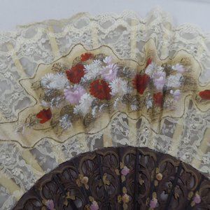 ANTIQUE LACE HAND PAINTED LADIES HAND made FAN floral ROSES 10 X 21 flamenco